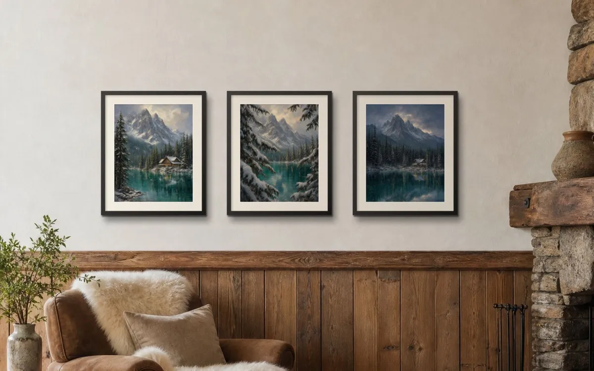 Three framed prints of a snowy cabin on Emerald Lake, hung above a leather armchair beside a stone fireplace