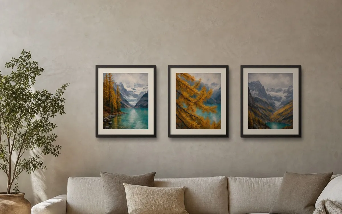 Three framed prints of golden larches around Lake Louise, hung above a linen sofa