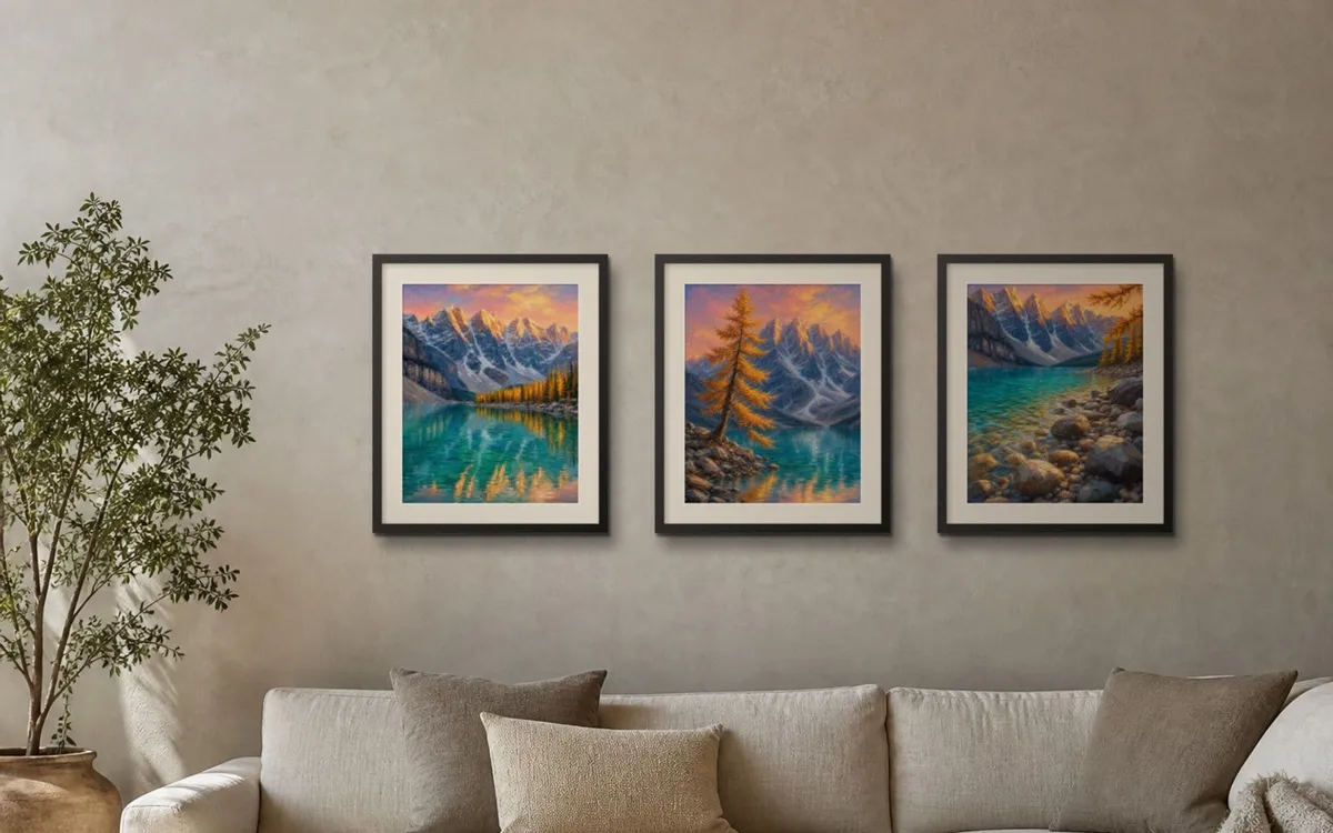 Three framed prints of Moraine Lake at sunrise, hung above a linen sofa